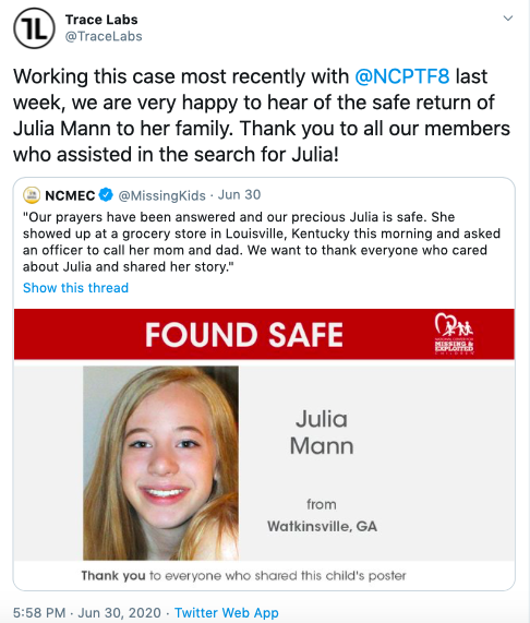 Tweet from Trace Labs reposting from NCMEC about a missing girl who was found safe partly due to Trace Labs and community efforts.